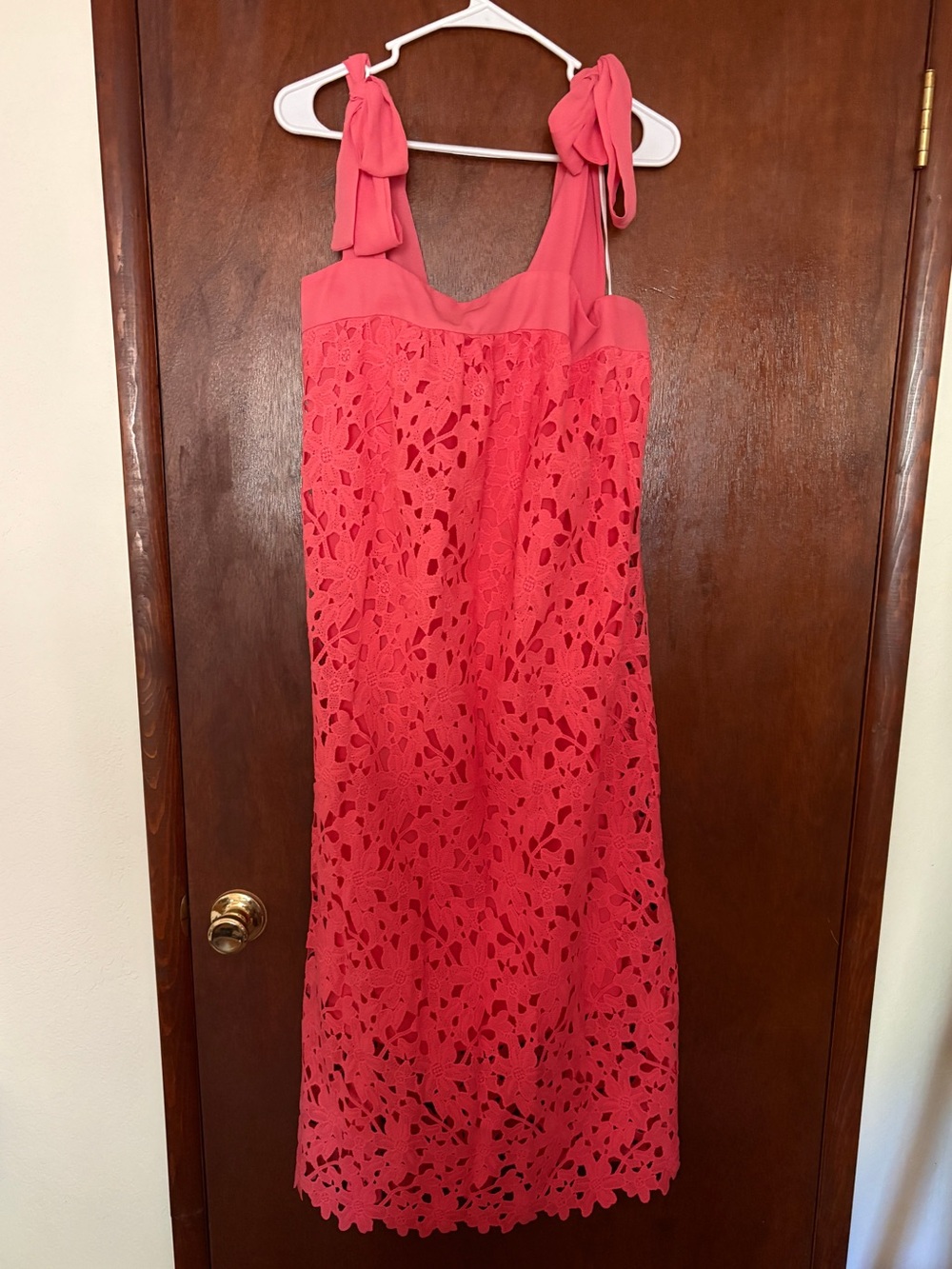 Pink Lily Coral Lace Midi Dress with Tie Shoulder Bows